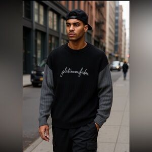 Vintage Platinum FUBU Rib Knit Sweater Black & Grey Colorblock Streetwear XL